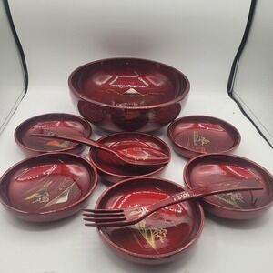 VINTAGE LARGE LACQUER WOOD 9 PC JAPANESE HAND PAINTED SALAD RICE BOWL SET‎
